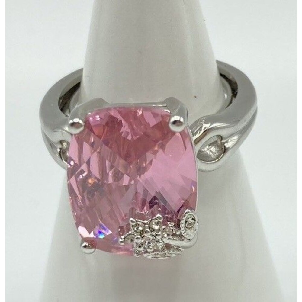 Adjustable Silver Pink CZ Solitaire Cushion Cocktail Ring Statement Flower NV